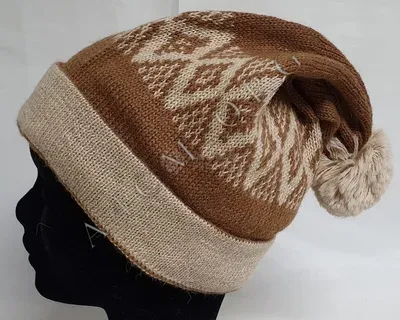 Bonnet Pompon Losange Marron 100% Alpaga — Miniature 1
