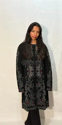 Veste Longue Brodé Flores Grise 50% Alpaga — Miniature 1