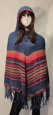 Poncho Delphina Capuche Bleu Vif en alpaga — Miniatura 1